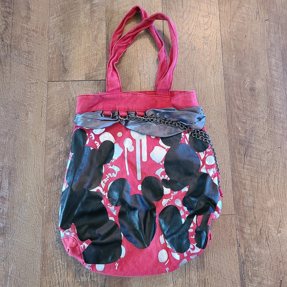 Vintage Disney Parks Red Silver Purse Bag  Retro Punk Mickey shilouette Chains